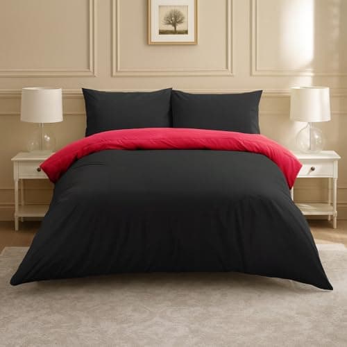 Image of Lions Plain Dye Bedding, Single Bed Size Duvet Cover Set with Pillowcase, 2 Piece Ultra Soft Reversible Quilt Covers, Microfiber Premium Quality, 137x200cm, Black and Red