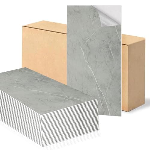 Image of Swehooirt Grey Marble Tile Stickers 60x30cm 10Pcs Thicken Self Adhesive Wall Tiles,Peel and Stick Waterproof Vinyl Marble Tiles for Bathroom Kitchen Splashback Living Room Bedroom