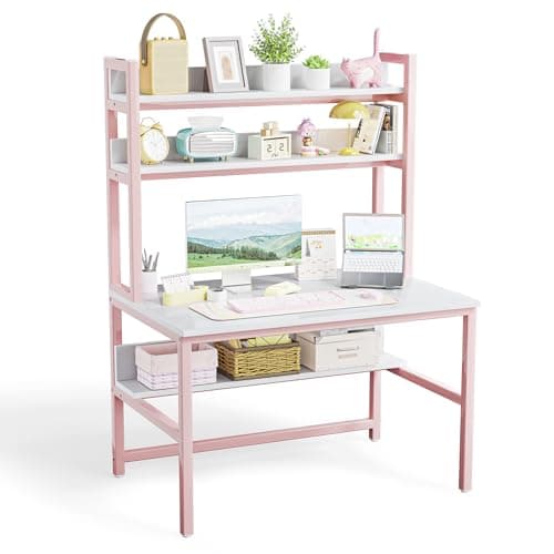 Image of Aquzee Desk with Shelves, 120 cm Pink Desk with Storage, Wooden Table with Hutch, Compact Home Office Space Saving Work Table, Bookshelves Above for Storage, Girls Desk for Bedroom