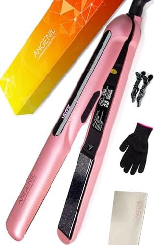 Image of ANGENIL Tourmaline Ceramic Titanium Flat Iron, Professional Portable Travel Dual Voltage Hair Straightener 2.5 cm, Adjustable Temp (160℃- 230℃), LCD Display, Round Pink Hair Straighteners for Women