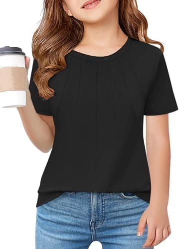 Image of Haloumoning Girls Pleated T Shirts Kids Summer Short Sleeve Crew Neck Shirt Fashion Casual Tops Tees 5-14 Years, Black, 5-6 Years