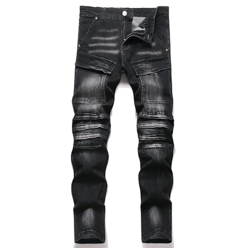 Image of XIMXIMMTIAN Men's Biker Moto Washed Distressed Slim Fit Straight Jeans Denim, 2202 Black, 32