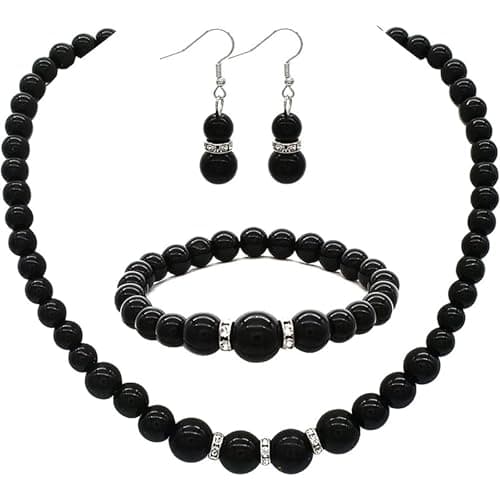 Image of Dishowme Crystal Wedding Pearl Necklace Earrings Sets Bridal Rhinestone Collar Necklace Bracelet Chain Layered Faux Pearl Strands Jewelry Sets for Women (Black)