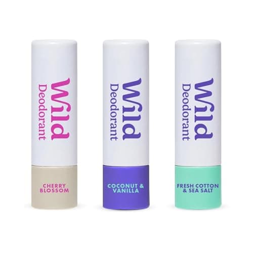 Image of Wild Pack of 3 Mini Deodorants in Fresh Cotton & Sea Salt, Coconut & Vanilla and Cherry Blossom - Trial Size Great for Holiday & Travel - Aluminium & Plastic Free - Long Lasting Protection
