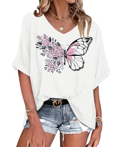 Image of WNEEDU T Shirts for Women UK Oversized Ladies Tops V Neck Short Sleeve Summer Loose Tshirts with Rolled Sleeve Beige Butterfly XL