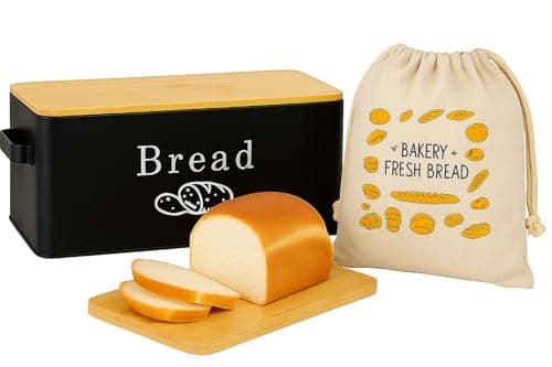 Image of Mintoz Bread Bin with Bamboo Cutting Board Lid & Bread Bag, Bread Storage Container with 2 Handles & Airy Holes to Keep Bread Fresh, Durable Metal Bread Box, Bread Bins for kitchen