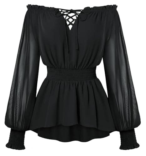 Image of SCARLET DARKNESS Womens Long Sleeve Tops Tunic Peplum Ladies Blouse Casual Cottagecore Vintage Medieval Going Out T Shirts Black XL