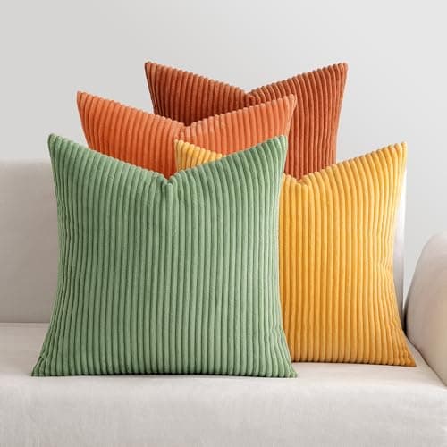 Image of MIULEE Corduroy Cushion Covers Soft Decorative Square Throw Pillow Covers Cushion Soft Pillowcase Striped Pack of four for Home decor Sofa 45cm x 45cm,18x18 Inches Orange green series