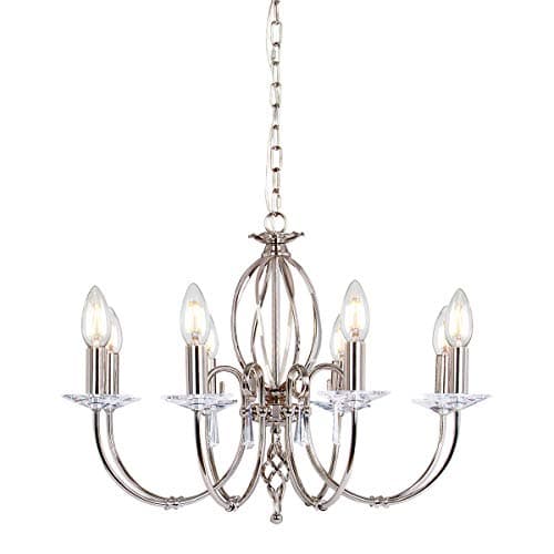 Image of 8 Bulb Chandelier Hanging Pendant Light - Cut Glass Droplets - Central Curved Stem - Highly Polished Nickel Finish - LED E14 60W Bulb