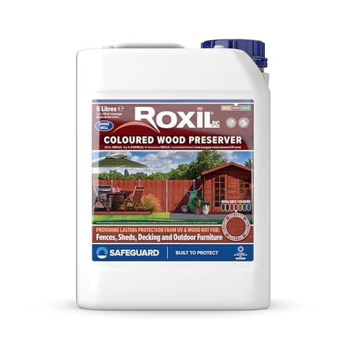 Image of Roxil Wood Stain Preserver 5 Litre (Red Cedar) Fast-Drying Satin Finish for Decking, Fence, Shed, Furniture. Up to 5 Year Protection for Indoor & Outdoor