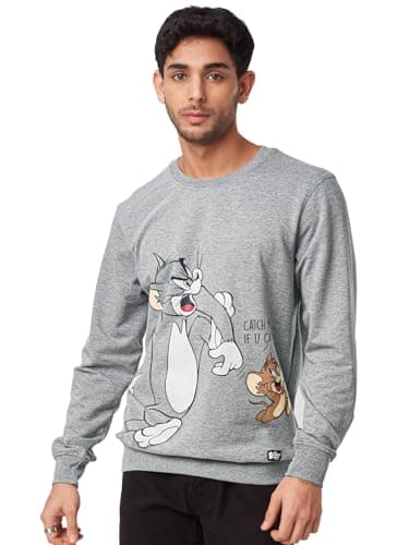 Image of The Souled Store Men's Official Tom and Jerry Catch Me IF You Can Graphic and Printed Sweatshirt, Black, S