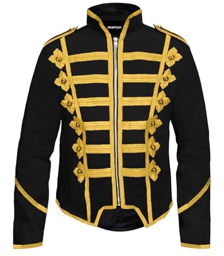 Image of Pamposh Steampunk Hussar Military Drummer Parade Jackets - Emo Punk Mens Jackets - Napoleon Gothic Clothing - Marching Band Jackets (UK, Alpha, L, Regular, Regular, Black & Gold)
