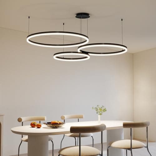 Image of SHINELUX Modern Pendant Light Fixture, 3-Ring Circular Black Dining Room Chandelier, Dimmable 3000K-6500K, LED Hanging Ceiling Light Over Table for Kitchen Island, Living Room, Foyer, Office