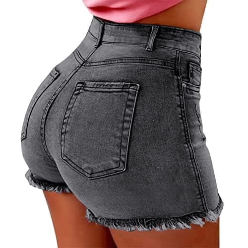 Image of Tassel Denim Shorts for Women Butt Lifting High Waisted Frayed Raw Hem Distressed Boyfriend Jean Shorts Skinny Stretchy Bodycon Denim Jean Shorts 2024 Trendy Casual Summer Beach Hot Short with Pocket