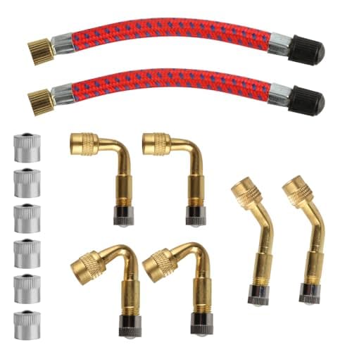 Image of 14 Set Tire Valve Extension Adapter Set: 6 x 45 Degree/90 Degree/180 DegreeBrass Valve Stem Extenders, 2 x 10cm Tyre Valve Extension Adapter, 6 Metal Caps, for Car Motorcycle Bike Trucks Scooter