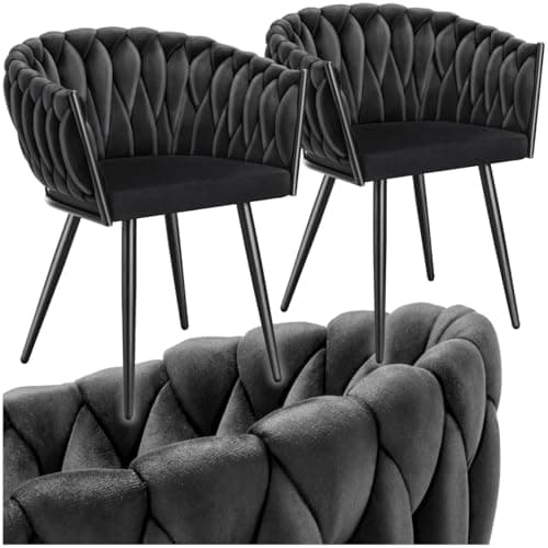 Image of tectake® Set of 2 Dining Chairs with Velvet-Look Covers & Knot Design, Armchair Set with Sturdy Steel Legs & Soft Padding - Accent Chair Set for Dining Room, Kitchen & Living Room - Black/Black