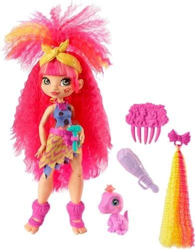 Image of Mattel Cave Club Emberly Doll 8 – 10-inch, Pink Hair Poseable Prehistoric Fashion Doll with Dinosaur Pet and Accessories, Gift for 4 Year Olds and Up