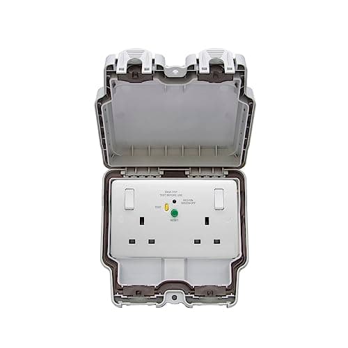 Image of Lieber Silk White 2 Gang RCD Outdoor Power Socket 13Amp RCD Latched-30mA Type A Double Pole IP66 Weatherproof Electrical Wall Outlet Outdoor Socket | Hard Standing All Weather and Storm Proof