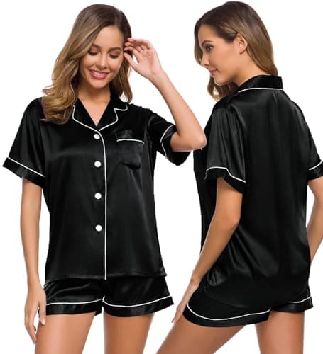 Image of SWOMOG Womens Silk Pyjamas Set Button Down Satin Pyjamas Lightweight Sleepwear Loungewear Soft Pj Sets Black