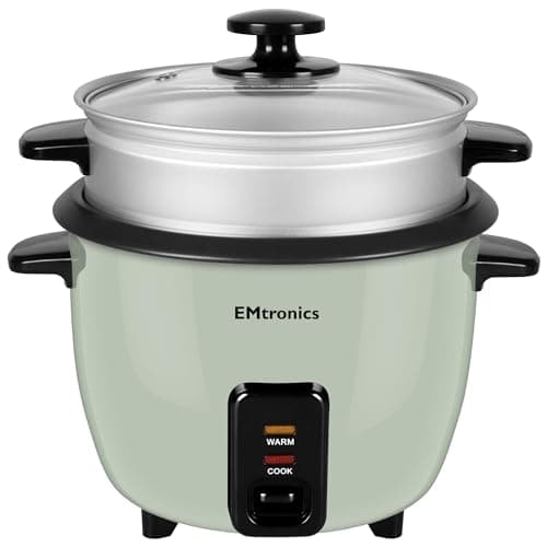 Image of EMtronics EMRCDSTSG1-5 Rice Cooker 1.5 Litre with Automatic Cooking, Steamer Tray and Warmer Function with Removable Non-Stick Bowl, Measuring Cup and Spatula 500W - Sage Green
