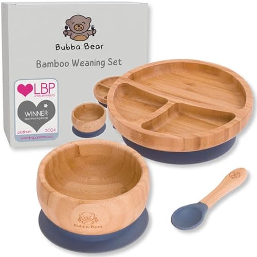 Image of Bubba Bear ® Baby Bamboo Suction Bowl, Plate & Spoon Set | Stay Put Toddler Led Feeding Bowls & Plates | Free Guide to Weaning
