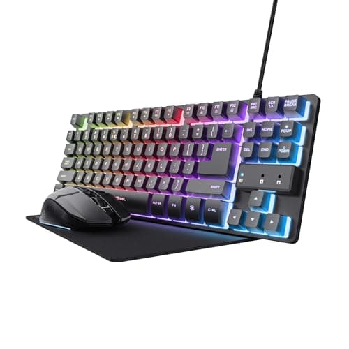 Image of Trust GXT 1794 Gaming Keyboard QWERTZ DE Layout with Wireless Mouse and Mouse Mat 3-in-1 LED Gaming Package Rechargeable Wireless Mouse 80 Hours Battery Life Compact TKL USB Keyboard PC Black