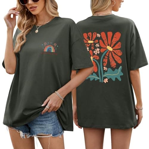 Image of heekpek Womens Oversized T Shirts Cotton Graphic T Shirt Crew Neck Baggy Tee Shirts Short Sleeve Summer Tops Double-Sided Printed T-Shirt, Dark Grey, XXL