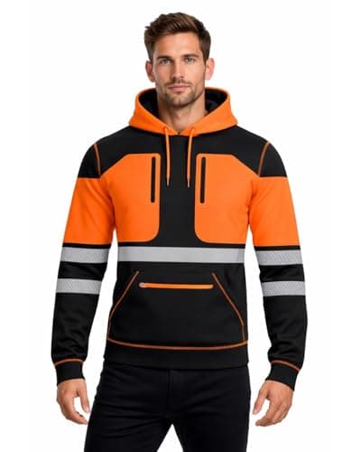 Image of kraftd Mens Hi Vis Hoodie Pullover Sweatshirt Hoody with Pockets High Visibility Work Jacket Safety Workwear Hoodies (Black/Orange, XL)