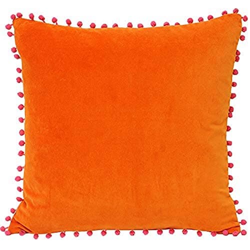 Image of Riva Paoletti Polyester Filled Cushion Faux Velvet Fabric-Contrasting Fuchsia Pink Pompom Edges-Hidden Zip Closure-100% Soft (18" x 18" inches), Cotton, Orange, 45 x 45cm