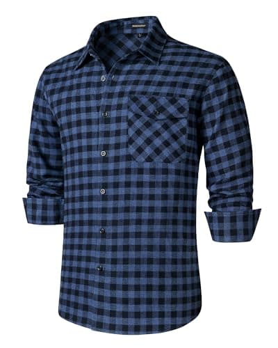 Image of HISDERN Men's Checked Flannel Shirt Long Sleeve Button Down Lumberjack Cotton Shirts Regular Fit Navy Blue M