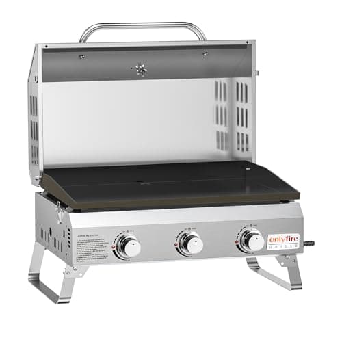 Image of Onlyfire 3-Burner Gas Griddle, Portable Tabletop Gas BBQ with Non-Stick Ceramic Coated Plancha, 7KW High-Power Outdoor Grill with Lid & Thermometer for Camping, Patio & Garden, Silver