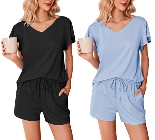 Image of Ekouaer Womens Pyjamas 2 Pack Nightwear Sommer Pjs Loungewear Sets Ruffle Sleeves Top and Shorts,Black + Light Blue, XXL