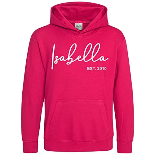Image of Purple Print House Personalised Name and Year Hoodie - Personalised Gift For Girls Kids Childrens Hooded Top Birthday Girls, 12-13 Years, Bright Pink