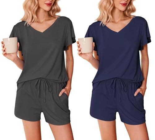 Image of Ekouaer Pjs for Women Sets 2 Pack Nightwear Sommer Pyjamas Ruffle Sleeves Top and Shorts Loungewear,Dark Gray + Navy Blue, M