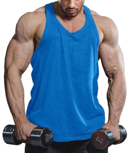 Image of Lehmanlin Men's Stringer Tank Top Y Back Muscle Bodybuilding Gym Shirts (Pure Blue S)