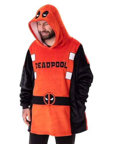 Image of Marvel Deadpool Unisex Wearable Blanket Hoodie | Adults Pullover in Red and Black with Deadpool Mask Eyes on Hood | One Size Sherpa Lined Hooded Loungewear with Pockets for Men & Women