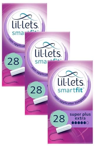 Image of Lil-Lets Non-Applicator Super Plus Extra Tampons, 28 Count (3 Pack), for Very Heavy Flow, 5 Droplets, Plant-Based, SmartFit™ Non-App Tampon