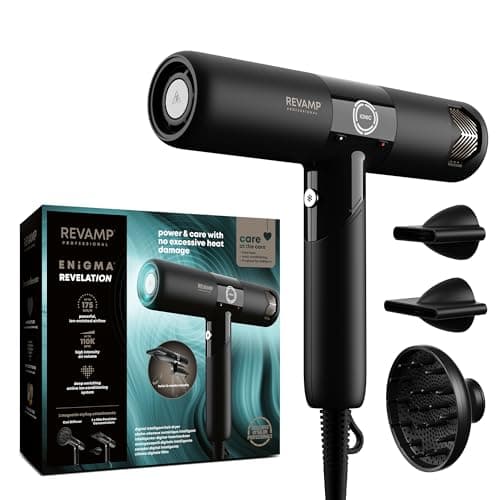 Image of REVAMP Enigma Revelation Ionic Portable Hair Dryer, Brushless Motor for Quiet, Powerful, Fast Drying - Lightweight Blow Dryer, Cold Setting - 3 Magnetic Attachments for Salon Professional Styling