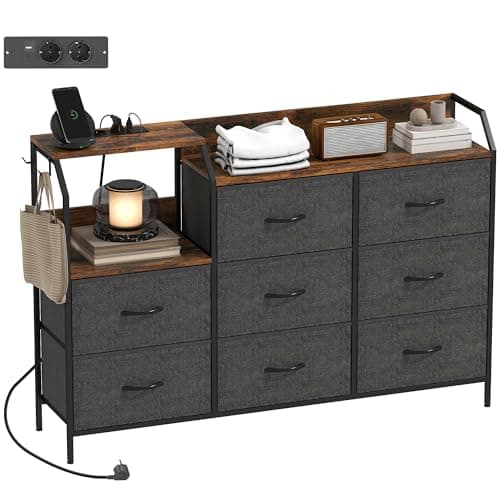 Image of HOMCOM Fabric Chest of Drawers Bedroom with Charging Station, Dresser with 8 Fabric Drawers and Steel Frame for Living Room, Rustic Brown and Black
