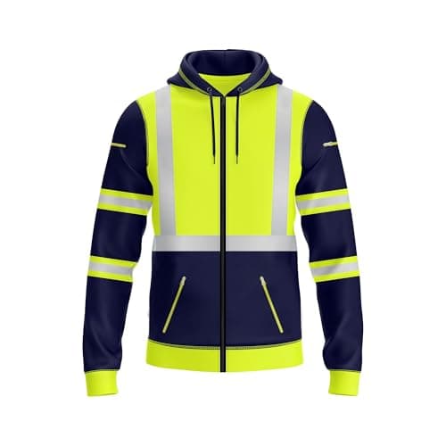 Image of NOROZE Mens Hi Vis Hoodie with Reflective Tape, High Visibility Full Zip Hoodie for Safety Workwear, Zipped Pockets High Vis Hoodie, Durable Work Hoodies for Men (L, Style 3: Neon Green/Navy)