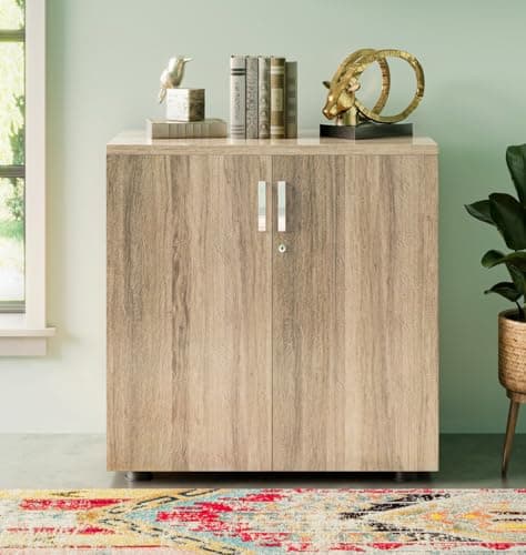 Image of Hallowood Furniture Dudley Small Office Cupboard with Laminated Oak Finish, Lockable Cabinet with Shelf, Wooden Home Office Filing Cabinet, Book Case, Living Room Shoe Cupboard