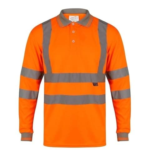 Image of LUXFAB Hi Vis High Visibility Polo Shirt Reflective Tape Safety Security Workwear Breathable Lightweight Work T-Shirt Double Tape Long Sleeve Button (UK, Alpha, XXL, Regular, Regular, Orange)