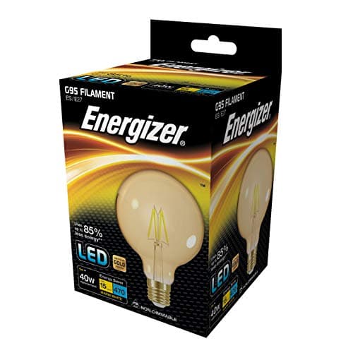 Image of Energizer E27 Golf G95 LED Gold Filament Light Bulb - 5W. Warm White 2200K, 470 Lumen Energy Saving Lightbulb. Non-Dimmable - Large Edison Screw (ES)