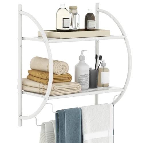 Image of COSTWAY Wall Mounted Towel Rack, 2-Tier Chrome Curved Bathroom Shelf with Hanging Rails, Wall Shelving Unit Towel Holder Floating Storage Shelves for Bathroom, Kitchen and Living Room (White)
