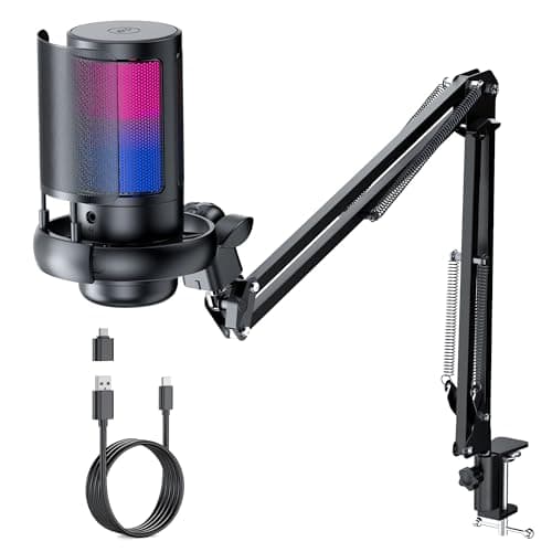 Image of QIUOIO RGB Gaming Microphone with Boom Arm: USB Mic for PC - Streaming & Podcast Microphone Accessory - Suitable for YouTube & TikTok