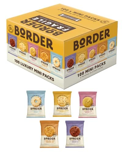 Image of Border Biscuits 100 Packs, Multipacks Box, 5 Flavour Variety 2 per pack, Individually Wrapped Cookies, Gift Set, Hotels, B&Bs, Conference, Office, Meeting Room, School Lunch Box, Uni, College, Cafe