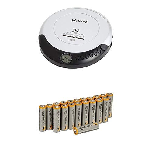 Image of Groov-e Retro Personal CD Player with 20 Track Programmable Memory, LCD Display, Anti-Skip Protection and Earphones Included - Silver with Amazon Basics Batteries