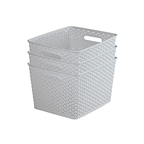Image of Curver My Style Rattan Effect Set of 3 Kitchen, Living Room, Bathroom, Bedroom, Utility Large Rectangular Storage Baskets 18 Litres - Light Grey