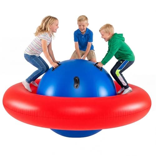 Image of COSTWAY 88'' Inflatable Dome Climbing Rocker, Kids Teeter Totter Seesaw with 6 Handles, Blow Up Giant Rocking Bouncer Ball for Indoor Outdoor (Red+Blue)