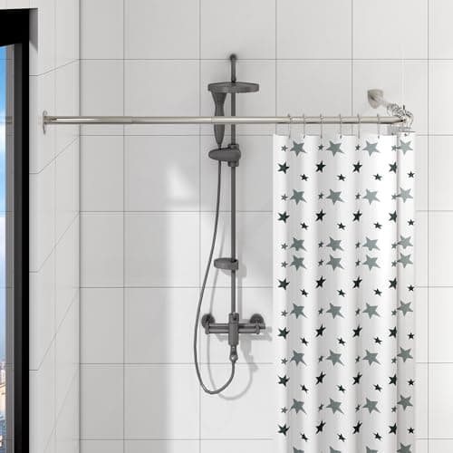 Image of Shower Curtain Pole, L Shaped Shower Curtain Rail, Extendable Shower Curtain Rod for Bathroom, Clothing Store, Stainless Steel with 12 Ring Hooks & Ceiling Support (Silver, 60-130cm x 60-130cm)